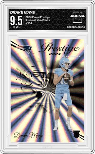 Drake Maye from the 2024 Panini Prestige  set featuring a Sunburst Xtra Points parallel graded by Arena Club and given an overall grade of 9.5.