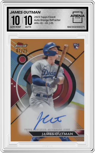 James Outman from the 2023 Topps Finest set featuring a Orange Refractor parallel graded by Arena Club and given an overall grade of 10.
