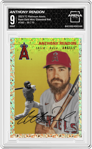 Anthony Rendon  from the 2023 Topps Chrome Platinum Anniversary set featuring a Rose Gold Mini-Diamond Refractor parallel graded by Arena Club and given an overall grade of 9.