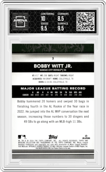 Bobby Witt Jr. from the 2024 Topps Museum Collection set featuring a Sapphire parallel graded by Arena Club and given an overall grade of 9.