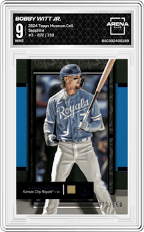 Bobby Witt Jr. from the 2024 Topps Museum Collection set featuring a Sapphire parallel graded by Arena Club and given an overall grade of 9.