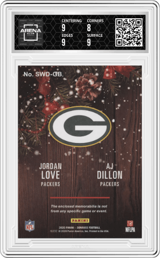 Jordan Love/AJ Dillon from the 2020 Panini Donruss set graded by Arena Club and given an overall grade of 8.5.