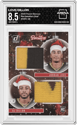 Jordan Love/AJ Dillon from the 2020 Panini Donruss set graded by Arena Club and given an overall grade of 8.5.