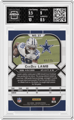 CeeDee Lamb from the 2021 Panini Obsidian set featuring a Electric Etch Orange parallel graded by Arena Club and given an overall grade of 9.