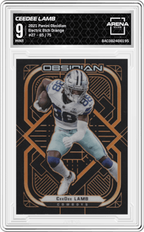 CeeDee Lamb from the 2021 Panini Obsidian set featuring a Electric Etch Orange parallel graded by Arena Club and given an overall grade of 9.