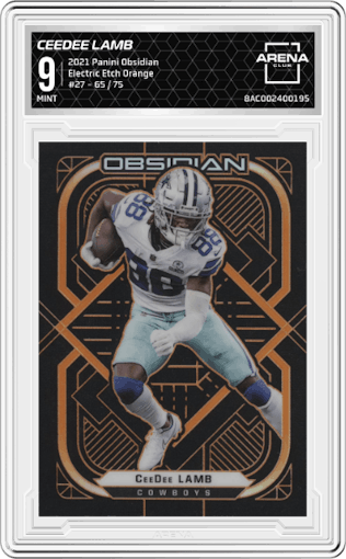 CeeDee Lamb from the 2021 Panini Obsidian set featuring a Electric Etch Orange parallel graded by Arena Club and given an overall grade of 9.
