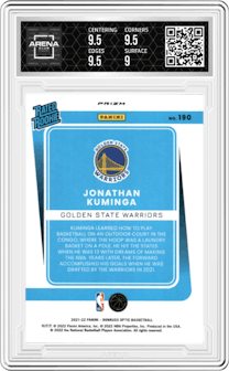Jonathan Kuminga from the 2021-22 Panini Donruss Optic set featuring a Fanatics Box Set  parallel graded by Arena Club and given an overall grade of 9.5.