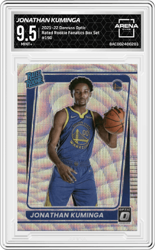 Jonathan Kuminga from the 2021-22 Panini Donruss Optic set featuring a Fanatics Box Set  parallel graded by Arena Club and given an overall grade of 9.5.