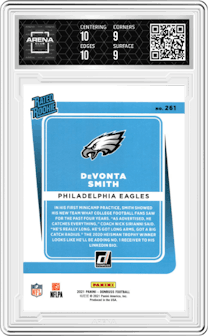 DeVonta Smith from the 2021 Panini Donruss set featuring a Press Proof Blue parallel graded by Arena Club and given an overall grade of 9.5.