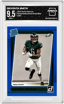 DeVonta Smith from the 2021 Panini Donruss set featuring a Press Proof Blue parallel graded by Arena Club and given an overall grade of 9.5.