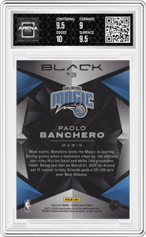 Paolo Banchero from the 2023-24 Panini Black set featuring a Holo Gold parallel graded by Arena Club and given an overall grade of 9.5.