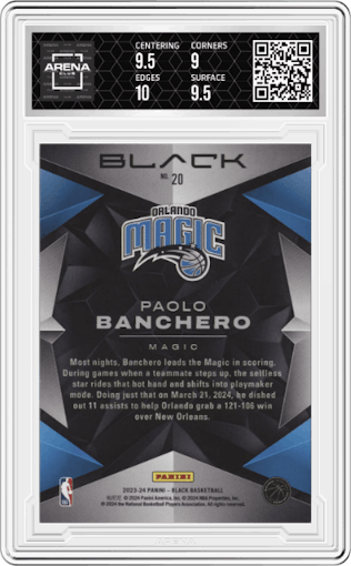 Paolo Banchero from the 2023-24 Panini Black set featuring a Holo Gold parallel graded by Arena Club and given an overall grade of 9.5.