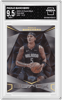 Paolo Banchero from the 2023-24 Panini Black set featuring a Holo Gold parallel graded by Arena Club and given an overall grade of 9.5.