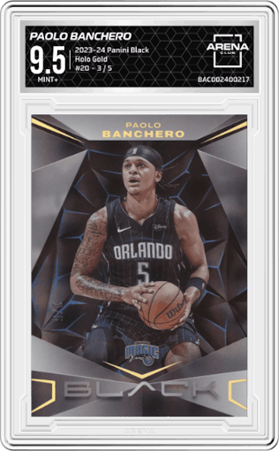 Paolo Banchero from the 2023-24 Panini Black set featuring a Holo Gold parallel graded by Arena Club and given an overall grade of 9.5.