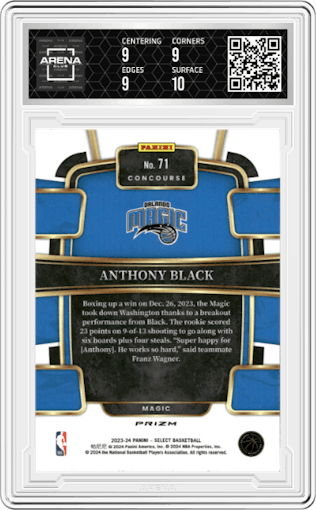 Anthony Black from the 2023-24 Panini Select  set featuring a Tiger parallel graded by Arena Club and given an overall grade of 9.5.