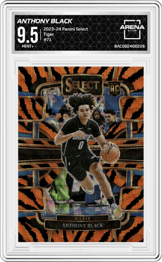Anthony Black from the 2023-24 Panini Select  set featuring a Tiger parallel graded by Arena Club and given an overall grade of 9.5.