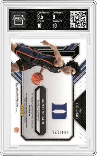 Jared McCain from the 2023-24 Panini Prizm Draft Picks set featuring a Blue Prizm parallel graded by Arena Club and given an overall grade of 9.5.