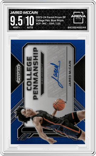 Jared McCain from the 2023-24 Panini Prizm Draft Picks set featuring a Blue Prizm parallel graded by Arena Club and given an overall grade of 9.5.