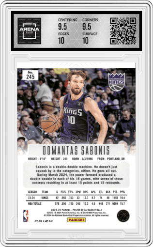 Domantas Sabonis from the 2023-24 Panini Prizm Deca set featuring a FOTL Black Gold Shimmer Prizm  parallel graded by Arena Club and given an overall grade of 10.