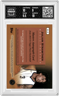 Julian Strawther  from the 2023-24 Finest set featuring a Red & Black Vapor Refractor parallel graded by Arena Club and given an overall grade of 9.5.