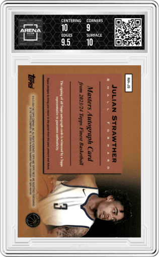 Julian Strawther  from the 2023-24 Finest set featuring a Red & Black Vapor Refractor parallel graded by Arena Club and given an overall grade of 9.5.