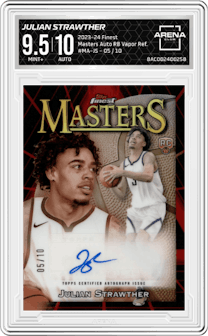 Julian Strawther  from the 2023-24 Finest set featuring a Red & Black Vapor Refractor parallel graded by Arena Club and given an overall grade of 9.5.