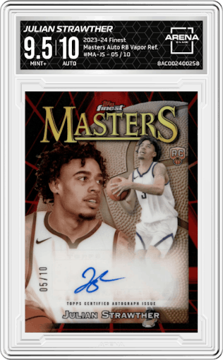 Julian Strawther  from the 2023-24 Finest set featuring a Red & Black Vapor Refractor parallel graded by Arena Club and given an overall grade of 9.5.