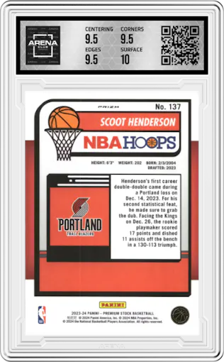 Scoot Henderson from the 2023-24 Panini Hoops Premium Stock set featuring a Multi Wave parallel graded by Arena Club and given an overall grade of 10.