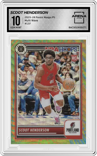 Scoot Henderson from the 2023-24 Panini Hoops Premium Stock set featuring a Multi Wave parallel graded by Arena Club and given an overall grade of 10.