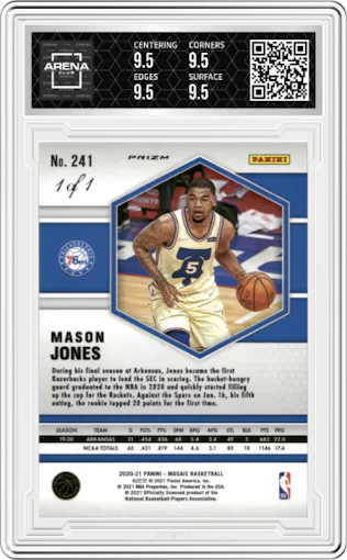 Mason Jones from the 2020-21 Panini Mosaic set featuring a Choice Nebula parallel graded by Arena Club and given an overall grade of 9.5.