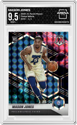 Mason Jones from the 2020-21 Panini Mosaic set featuring a Choice Nebula parallel graded by Arena Club and given an overall grade of 9.5.