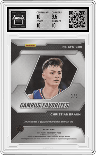 Christian Braun from the 2024 Panini Prizm Draft Picks set featuring a Black Gold Prizm parallel graded by Arena Club and given an overall grade of 10.
