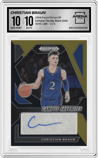 Christian Braun from the 2024 Panini Prizm Draft Picks set featuring a Black Gold Prizm parallel graded by Arena Club and given an overall grade of 10.