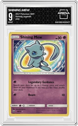 Shining Mew from the 2017 Pokemon S&M set graded by Arena Club and given an overall grade of 9.