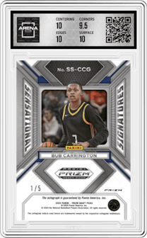 Bub Carrington from the 2024 Panini Prizm Draft Picks set featuring a Black Gold parallel graded by Arena Club and given an overall grade of 10.
