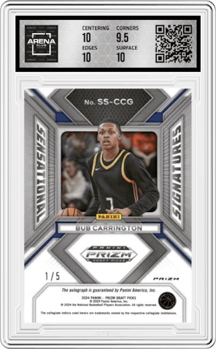 Bub Carrington from the 2024 Panini Prizm Draft Picks set featuring a Black Gold parallel graded by Arena Club and given an overall grade of 10.