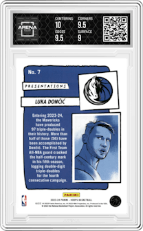 Luka Doncic from the 2023-24 Panini NBA Hoops set graded by Arena Club and given an overall grade of 9.5.