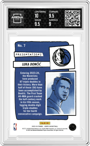 Luka Doncic from the 2023-24 Panini NBA Hoops set graded by Arena Club and given an overall grade of 9.5.