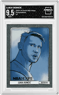 Luka Doncic from the 2023-24 Panini NBA Hoops set graded by Arena Club and given an overall grade of 9.5.