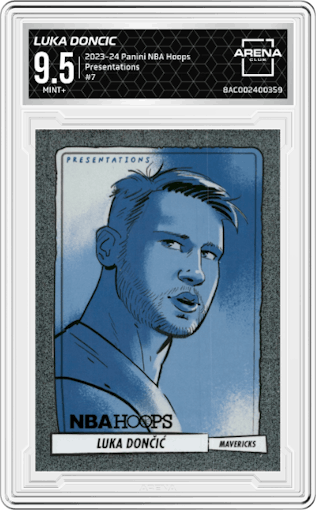 Luka Doncic from the 2023-24 Panini NBA Hoops set graded by Arena Club and given an overall grade of 9.5.