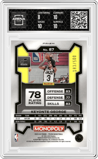 Keyonte George from the 2023-24 Panini Prizm Monopoly set featuring a Gold Millionaire Shimmer  parallel graded by Arena Club and given an overall grade of 8.5.