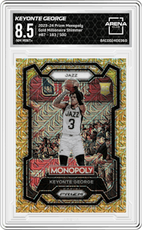 Keyonte George from the 2023-24 Panini Prizm Monopoly set featuring a Gold Millionaire Shimmer  parallel graded by Arena Club and given an overall grade of 8.5.