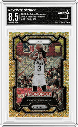 Keyonte George from the 2023-24 Panini Prizm Monopoly set featuring a Gold Millionaire Shimmer  parallel graded by Arena Club and given an overall grade of 8.5.