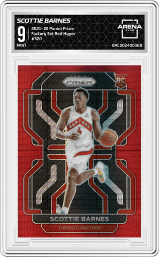 Scottie Barnes from the 2021-22 Panini Prizm  set featuring a Factory Set Red Hyper  parallel graded by Arena Club and given an overall grade of 9.