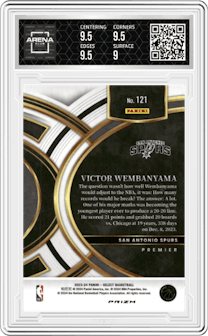 Victor Wembanyama from the 2023-24 Panini Select  set featuring a Blue Cracked Ice parallel graded by Arena Club and given an overall grade of 9.5.