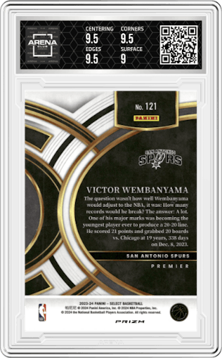 Victor Wembanyama from the 2023-24 Panini Select  set featuring a Blue Cracked Ice parallel graded by Arena Club and given an overall grade of 9.5.