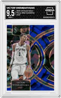Victor Wembanyama from the 2023-24 Panini Select  set featuring a Blue Cracked Ice parallel graded by Arena Club and given an overall grade of 9.5.