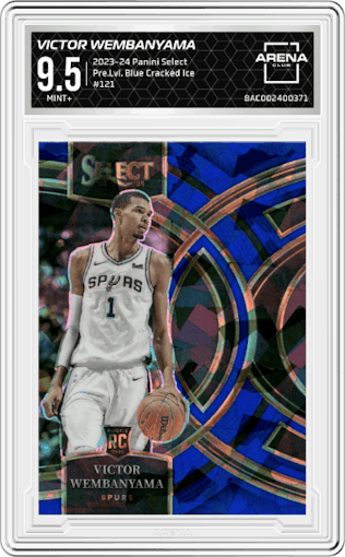 Victor Wembanyama from the 2023-24 Panini Select  set featuring a Blue Cracked Ice parallel graded by Arena Club and given an overall grade of 9.5.