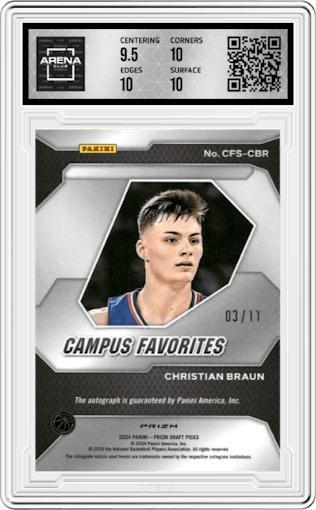 Christian Braun from the 2024 Panini Prizm Draft Picks set featuring a Red Shimmer parallel graded by Arena Club and given an overall grade of 10.