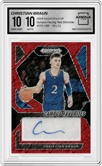 Christian Braun from the 2024 Panini Prizm Draft Picks set featuring a Red Shimmer parallel graded by Arena Club and given an overall grade of 10.